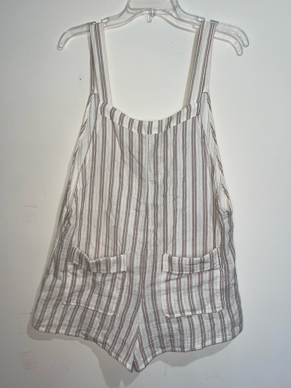 Forever 21 Cream Brown Tan Stripe M Pocket Overall Romper Lightweight Boho